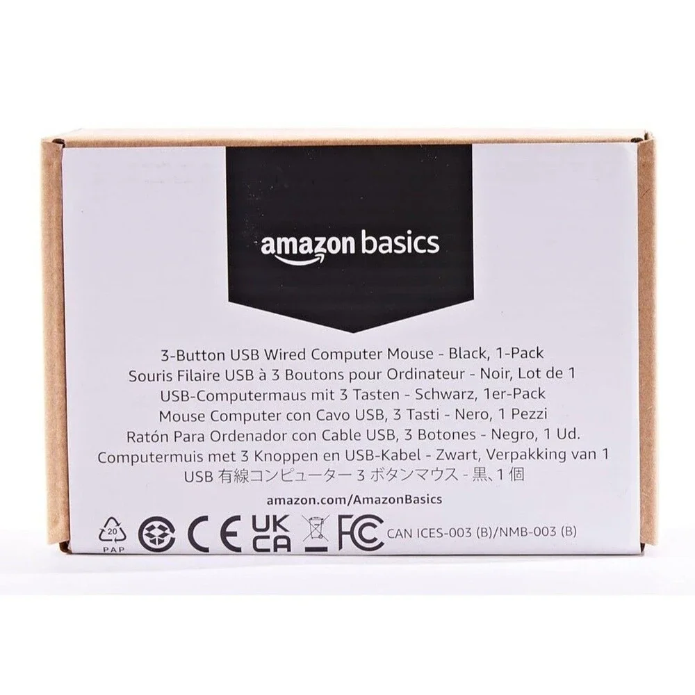 Amazon Basics 3-Button Wired USB Computer Mouse, Black